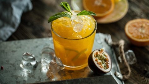 Обои мята, напиток, фрукты, лёд, апельсин, сок, маракуйя, mint, drink, fruit, ice, orange, juice, passion fruit разрешение 2048x1342 Загрузить