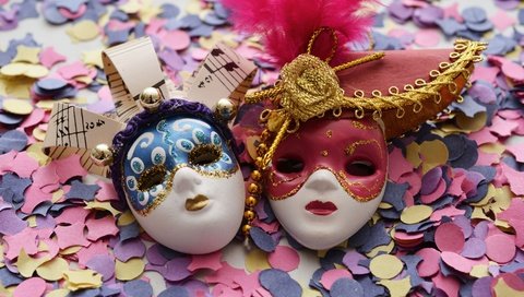 Обои праздник, маски, карнавал, конфетти, holiday, mask, carnival, confetti разрешение 3840x2560 Загрузить