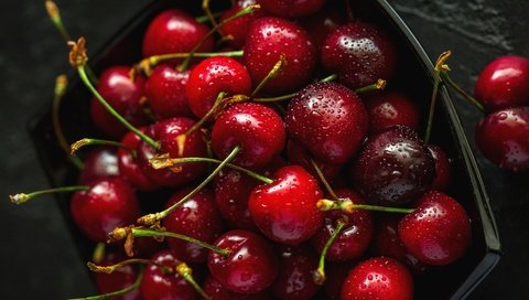 Обои фон, капли, черешня, ягоды, вишня, контейнер, background, drops, cherry, berries, container разрешение 3560x2003 Загрузить