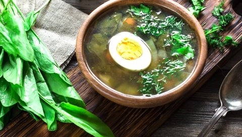 Обои зелень, яйцо, миска, щи, суп, щавель, суп щавелевый, greens, egg, bowl, soup, sorrel разрешение 2100x1388 Загрузить