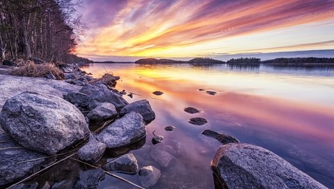 Обои озеро, камни, берег, закат, lake, stones, shore, sunset разрешение 4288x2598 Загрузить