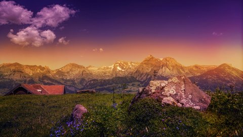 Обои небо, облака, горы, камни, пейзаж, дом, альпы, the sky, clouds, mountains, stones, landscape, house, alps разрешение 4000x2409 Загрузить