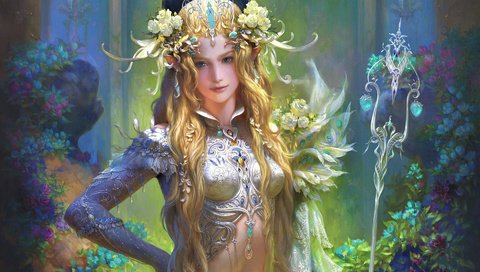 Обои цветы, арт, взгляд, волосы, посох, эльфийка, фэнтази, flowers, art, look, hair, staff, elf, fantasy разрешение 1920x1200 Загрузить