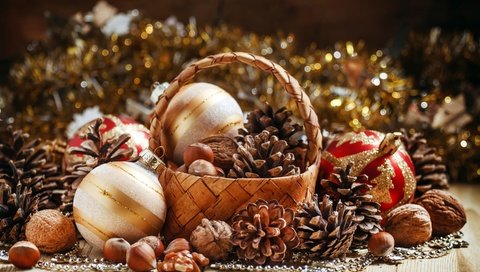 Обои мишура, новый год, грецкие орехи, шары, орехи, корзина, рождество, шишки, елочные украшения, фундук, tinsel, new year, walnuts, balls, nuts, basket, christmas, bumps, christmas decorations, hazelnuts разрешение 2880x1800 Загрузить