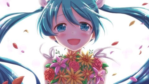 Обои лепестки, вокалоид, twintails,  цветы, улыбается, мику хацунэ, petals, vocaloid, flowers, smiling, hatsune miku разрешение 1920x1080 Загрузить