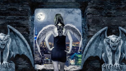 Обои девушка, город, луна, крылья, ангел, гаргульи, girl, the city, the moon, wings, angel, gargoyles разрешение 1920x1080 Загрузить