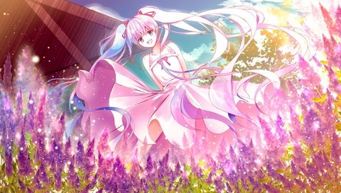 Обои вокалоид,  цветы, улыбается, в платье, мику хацунэ, vocaloid, flowers, smiling, dress, hatsune miku разрешение 2171x1223 Загрузить