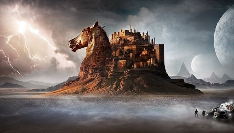 Обои лошадь, горы, пустыня, замок, horse, mountains, desert, castle разрешение 1920x1200 Загрузить