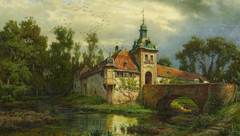 Обои немецкий живописец, german landscape painter, oil on canvas, 1871, август левин фон вилле, wasserschloss mit heimkehrendem reiter, август фон вилле, august von wille, the return on horseback, замок с рвом и возвращающимся, german painter, one thousand eight hundred seventy one, august levin von villa, august von villa, castle with a moat and returning разрешение 2112x1188 Загрузить