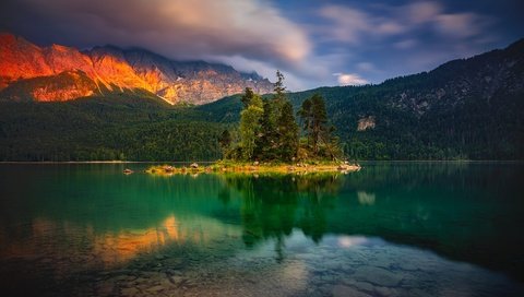 Обои озеро, природа, закат, пейзаж, леса, германия, альпы, бавария, lake, nature, sunset, landscape, forest, germany, alps, bayern разрешение 2000x1334 Загрузить