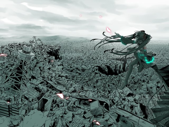 Обои город, вокалоид, катастрофа, мику хацунэ, the city, vocaloid, disaster, hatsune miku разрешение 3000x1500 Загрузить