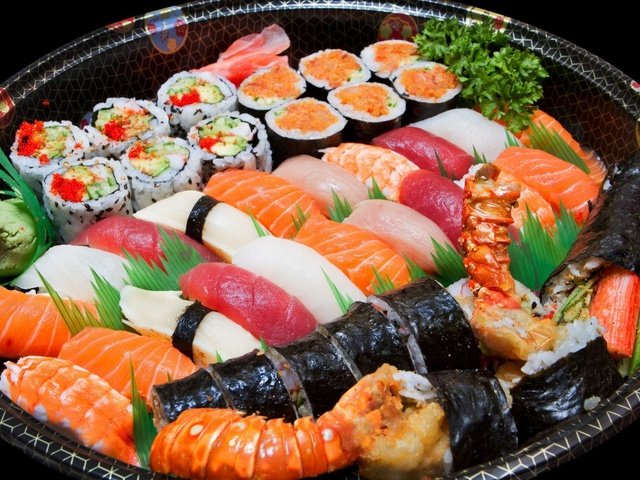 Обои рыба, икра, суши, роллы, морепродукты, креветки, ассорти, fish, caviar, sushi, rolls, seafood, shrimp, cuts разрешение 1920x1200 Загрузить