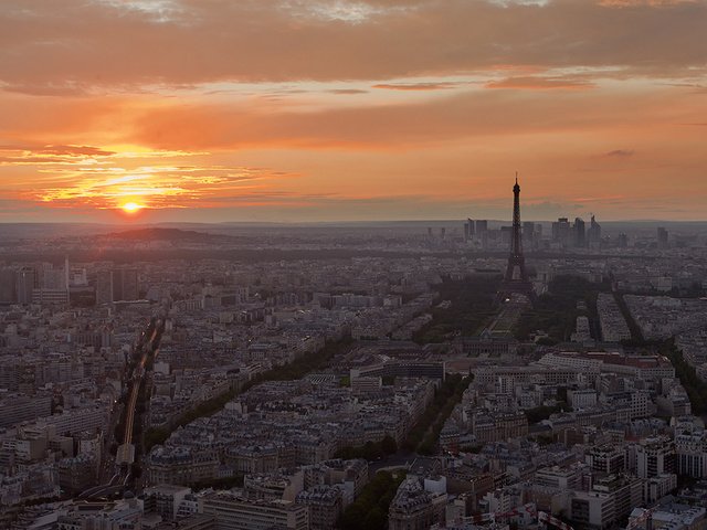 Обои закат, париж, эйфелева башня, вид с высоты, sunset, paris, eiffel tower, the разрешение 1920x1080 Загрузить