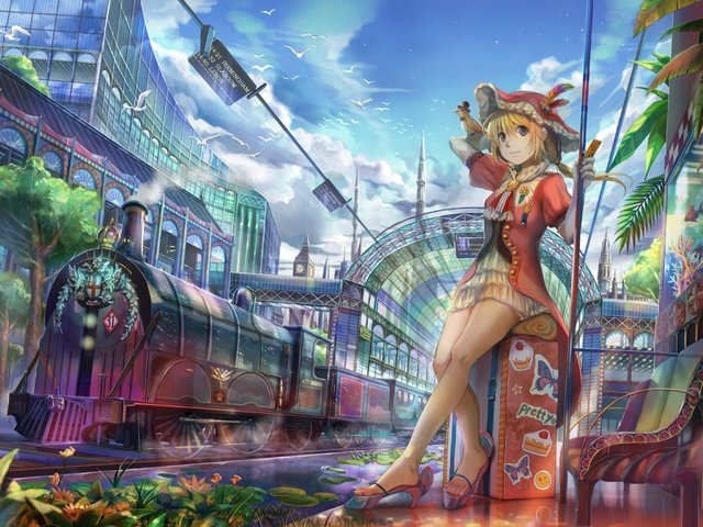 Обои девушка, аниме, вокзал, паравоз, girl, anime, station, paravoz разрешение 2000x1443 Загрузить