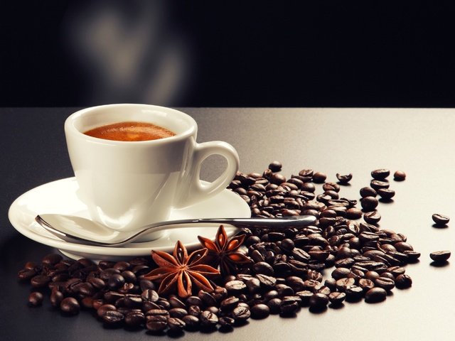 Обои кофе, чашка, кофейные зерна, ложка, бадьян, coffee, cup, coffee beans, spoon, star anise разрешение 3000x2000 Загрузить