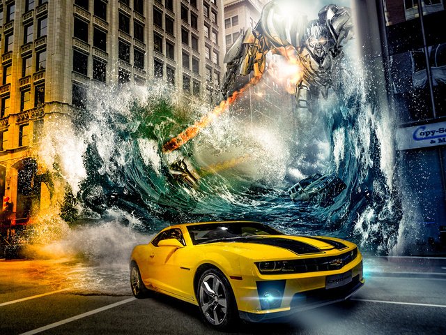 Обои вода, машина, город, робот, трансформеры, шевроле, камаро, water, machine, the city, robot, transformers, chevrolet, camaro разрешение 1920x1200 Загрузить