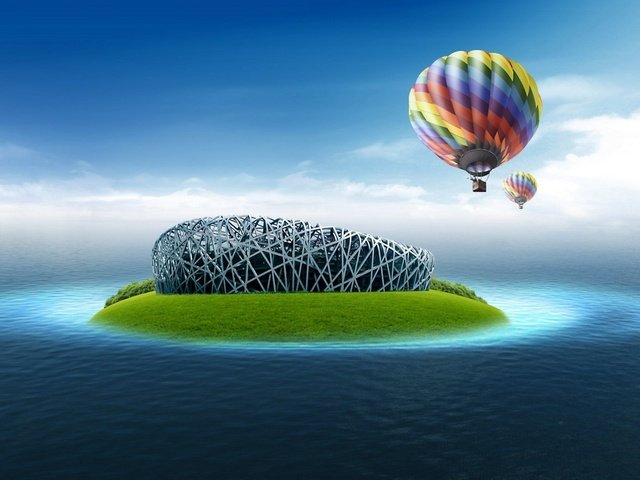 Обои воздушный шар над островом, balloon over the island разрешение 2560x1440 Загрузить