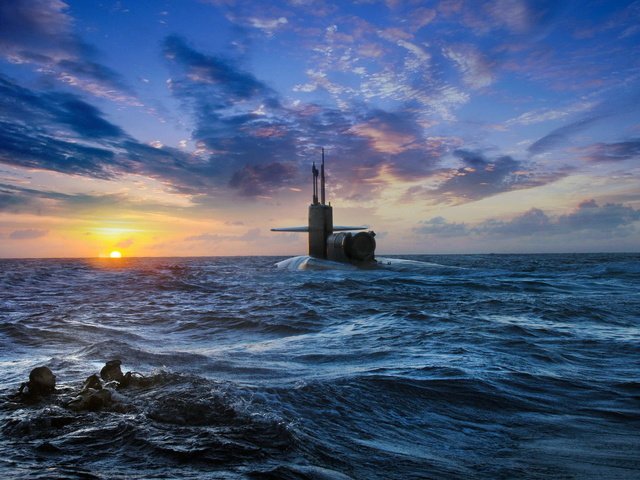 Обои небо, закат, море, аквалангисты, подводная лодка, the sky, sunset, sea, divers, submarine разрешение 1920x1200 Загрузить