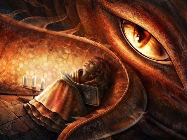 Обои свечи, фантастика, дракон, девочка, глаз, хвост, книга, elena mikhailava, candles, fiction, dragon, girl, eyes, tail, book разрешение 1920x1200 Загрузить