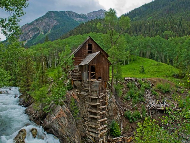 Обои деревья, река, горы, поток, мельница, ellen heaverlo, кристал-милл, trees, river, mountains, stream, mill, crystal mill разрешение 2560x1707 Загрузить