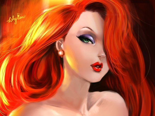 Обои арт, девушка, взгляд, зеленые глаза, макияж, jessica rabbit, рыжие волосы, art, girl, look, green eyes, makeup, red hair разрешение 2000x1672 Загрузить