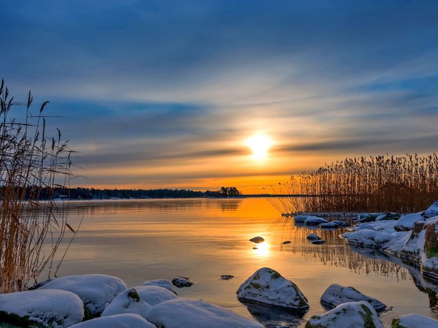 Обои небо, озеро, природа, закат, зима, the sky, lake, nature, sunset, winter разрешение 2560x1600 Загрузить