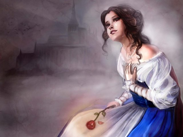 Обои платье, замок, красная роза, красавица и чудовище, белль, dress, castle, red rose, beauty and the beast, belle разрешение 2018x1452 Загрузить