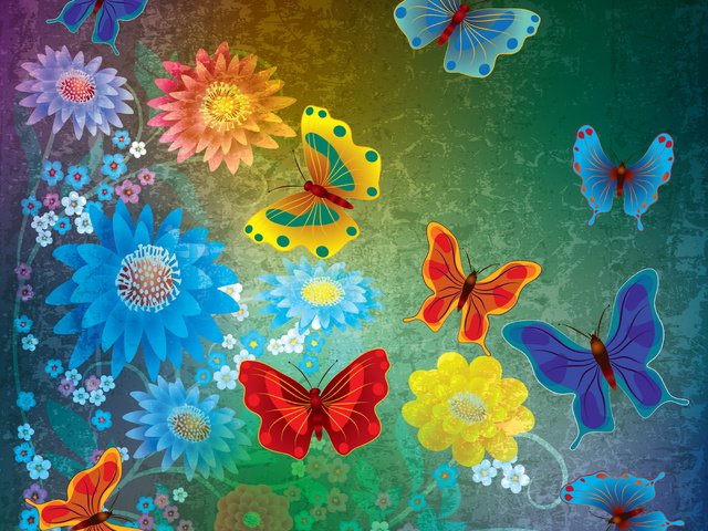 Обои цветы, абстракт, бабочки, гранж, дезайн,  цветы, butterflies, flowers, abstract, butterfly, grunge, design разрешение 6000x5800 Загрузить