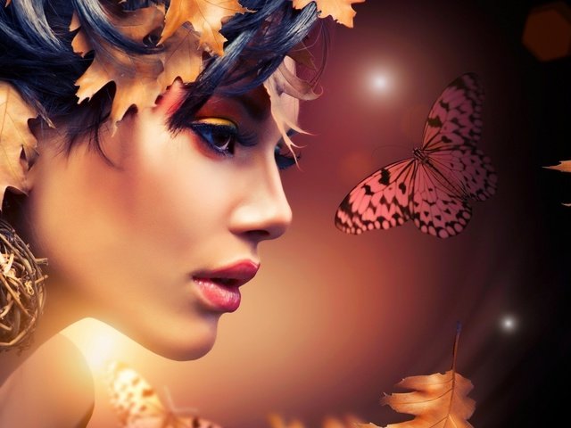 Обои листья, макияж, девушка, портрет, взгляд, бабочка, модель, профиль, лицо, leaves, makeup, girl, portrait, look, butterfly, model, profile, face разрешение 1920x1186 Загрузить