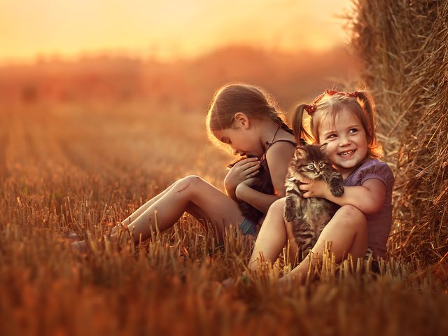 Обои закат, настроение, поле, дети, девочки, котята, стог, сидят, sunset, mood, field, children, girls, kittens, stack, sitting разрешение 2000x1421 Загрузить