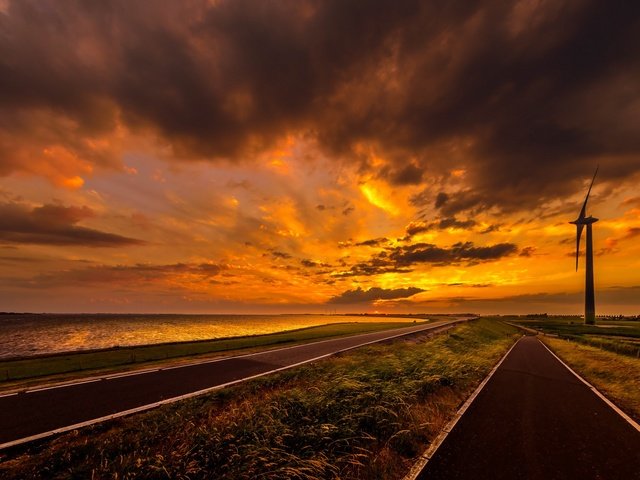 Обои небо, дорога, облака, закат, море, ветряк, the sky, road, clouds, sunset, sea, windmill разрешение 2647x1440 Загрузить