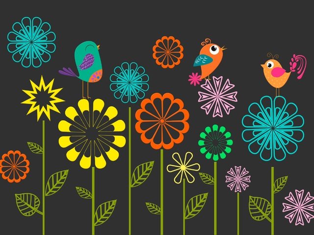 Обои цветы, вектор, птицы, весна, черный фон, flowers, vector, birds, spring, black background разрешение 3000x2000 Загрузить