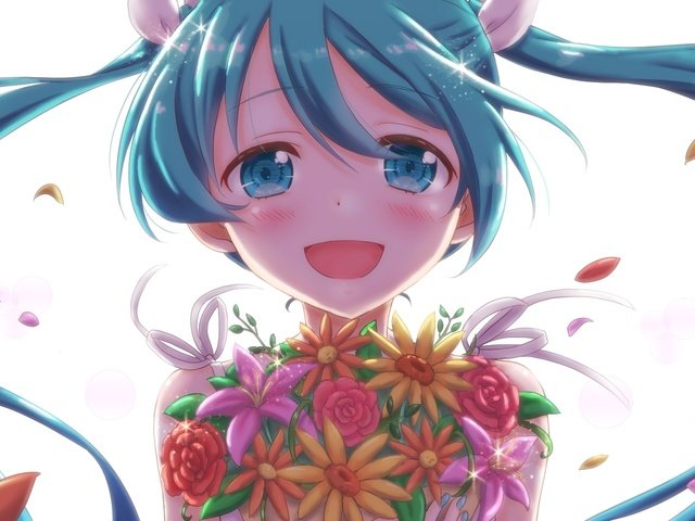 Обои лепестки, вокалоид, twintails,  цветы, улыбается, мику хацунэ, petals, vocaloid, flowers, smiling, hatsune miku разрешение 1920x1080 Загрузить