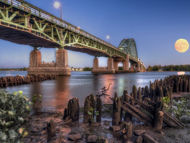 Обои река, мост, луна, river, bridge, the moon разрешение 3840x2160 Загрузить