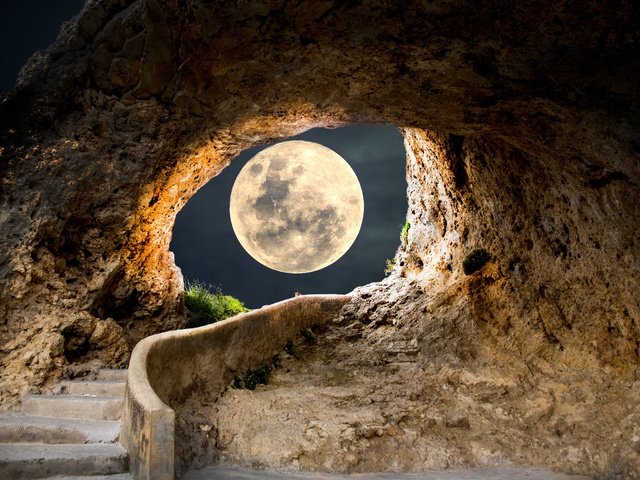 Обои ступени, небо, полнолуние, свет, лунный свет, ночь, скалы, фотоарт, луна, рендеринг, арка, коллаж, stage, the sky, the full moon, light, moonlight, night, rocks, photoart, the moon, rendering, arch, collage разрешение 5616x3744 Загрузить