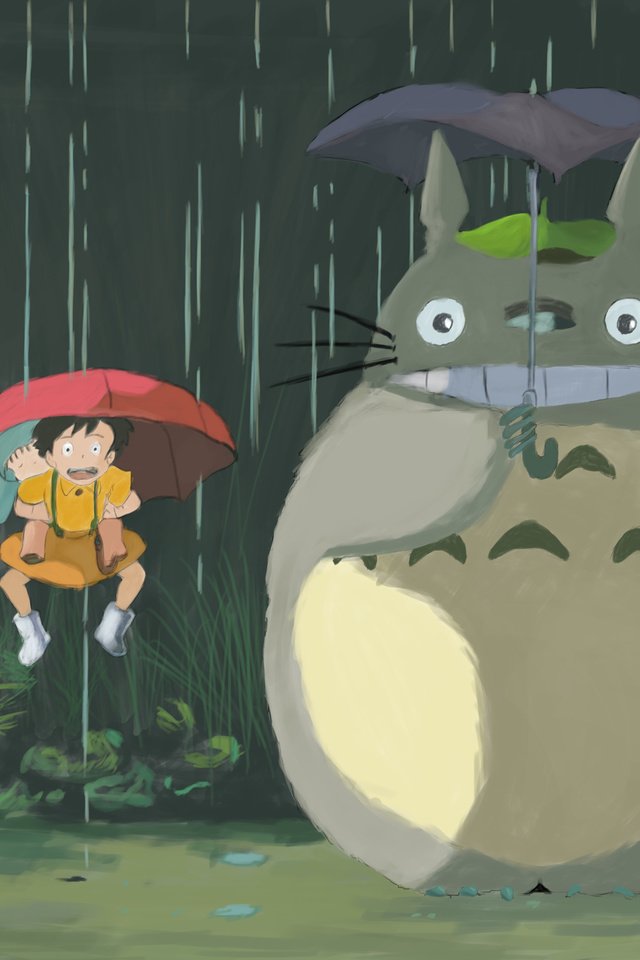 Обои дождь, тоторо, хаяо миядзаки, зонт, rain, totoro, hayao miyazaki, umbrella разрешение 3508x2480 Загрузить