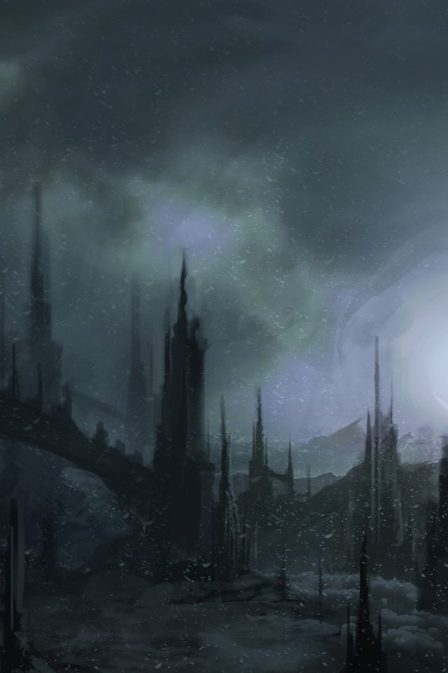 Обои арт, ночь, снег, мрак, готика, шпили, art, night, snow, the darkness, gothic, spires разрешение 1920x1080 Загрузить