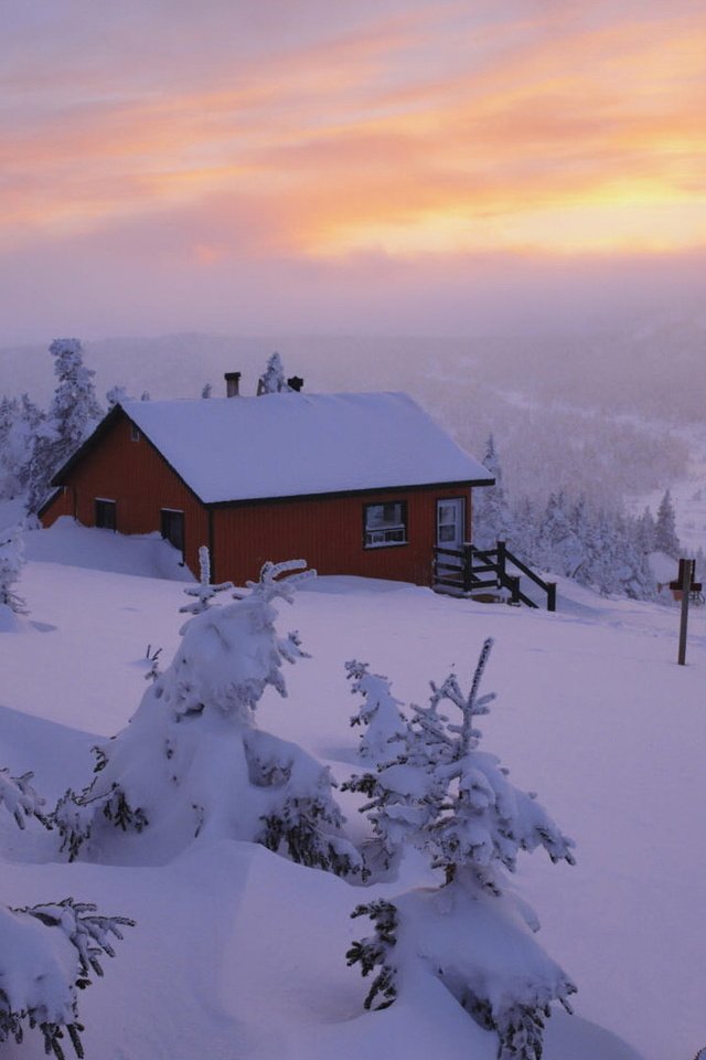 Обои небо, снег, природа, закат, зима, пейзаж, дом, the sky, snow, nature, sunset, winter, landscape, house разрешение 1920x1080 Загрузить