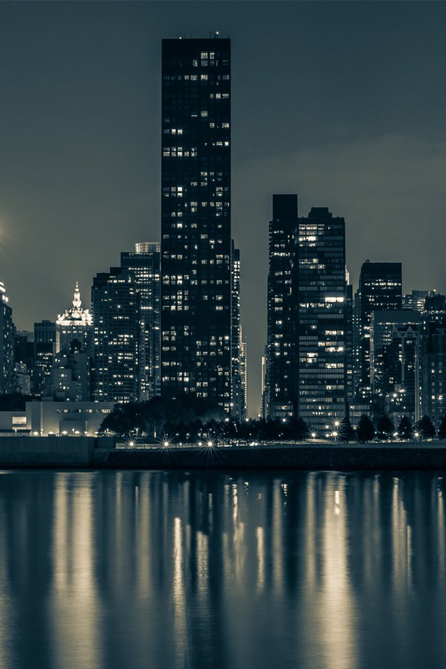 Обои ночь, вода, отражение, небоскребы, сша, нью-йорк, манхэттен, night, water, reflection, skyscrapers, usa, new york, manhattan разрешение 1920x1200 Загрузить