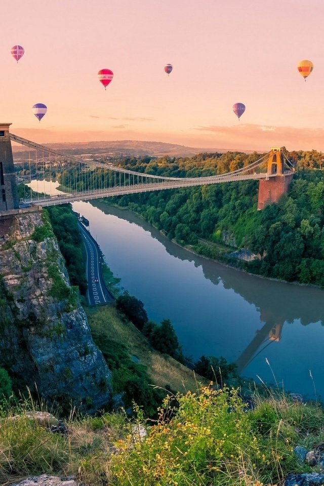 Обои небо, река, природа, шары, гора, мост, the sky, river, nature, balls, mountain, bridge разрешение 1920x1200 Загрузить