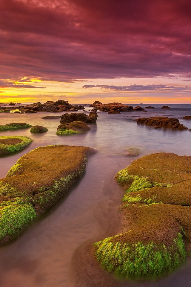 Обои скалы, камни, берег, закат, море, водоросли, rocks, stones, shore, sunset, sea, algae разрешение 2047x1246 Загрузить