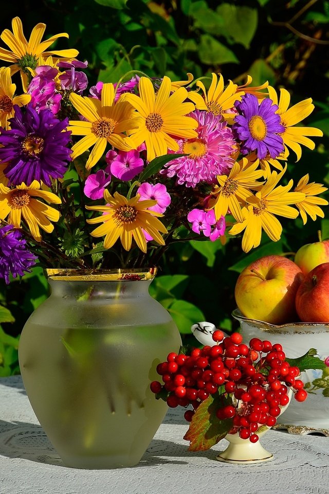 Обои яблоки, букет, калина, рудбекия, астры, флоксы, apples, bouquet, kalina, rudbeckia, asters, phlox разрешение 2400x1590 Загрузить