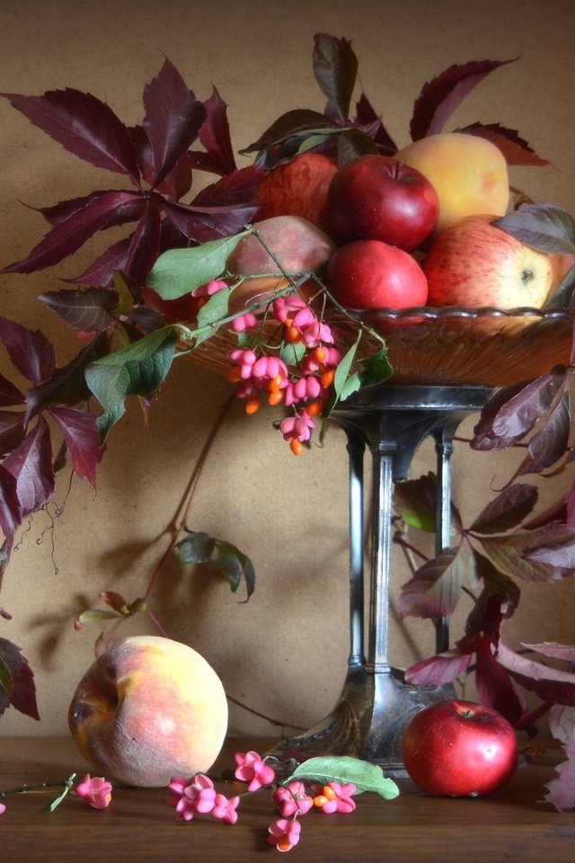 Обои листья, яблоки, осень, персики, натюрморт, leaves, apples, autumn, peaches, still life разрешение 1920x1231 Загрузить