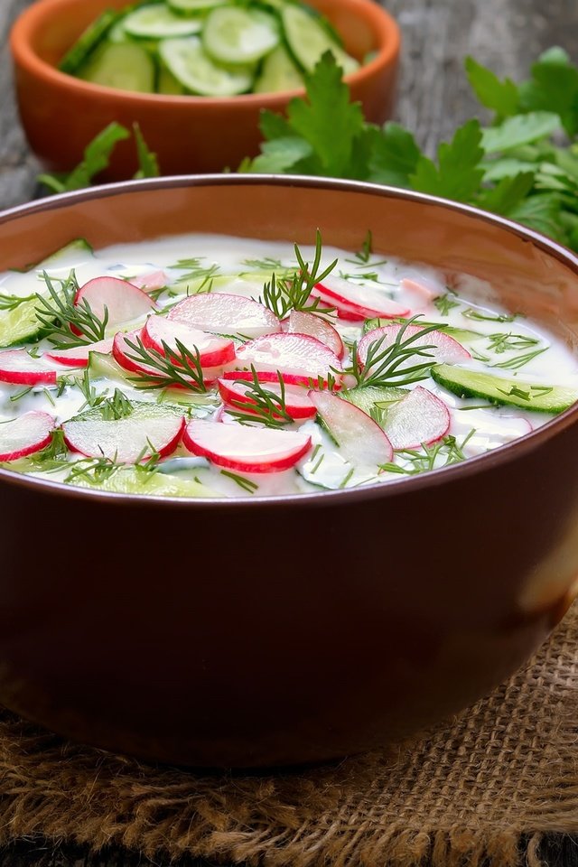 Обои укроп, миска, петрушка, огурец, редис, окрошка, dill, bowl, parsley, cucumber, radishes, hash разрешение 2400x1590 Загрузить