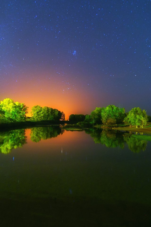 Обои деревья, река, природа, закат, отражение, звезды, тишина, trees, river, nature, sunset, reflection, stars, silence разрешение 2472x1698 Загрузить