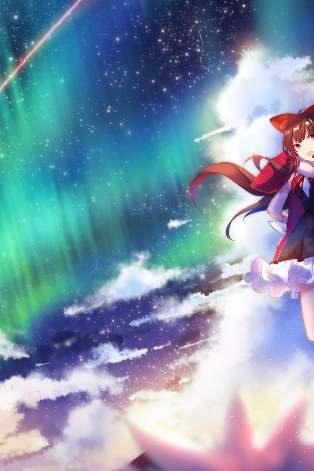 Обои облака, ленточки, неба, аврора, hakurei reimu, улыбается, тохо, clouds, ribbons, sky, aurora, smiling, touhou разрешение 4724x2362 Загрузить