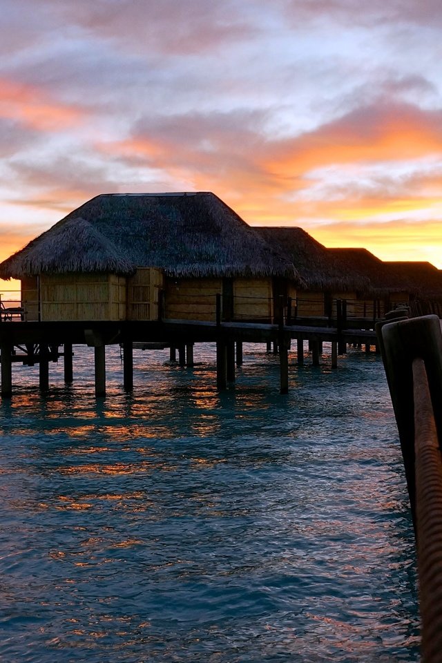 Обои небо, вечер, море, бунгало, бора-бора, the sky, the evening, sea, bungalow, bora bora разрешение 3840x2160 Загрузить