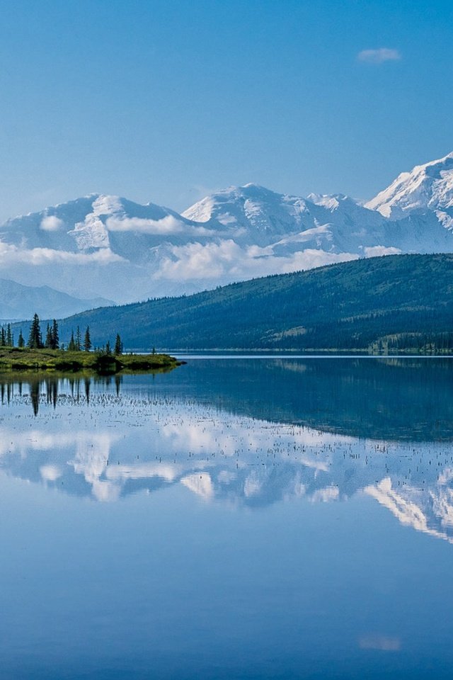 Обои озеро, горы, отражение, аляска, национальный парк денали, lake, mountains, reflection, alaska, denali national park разрешение 2227x1080 Загрузить