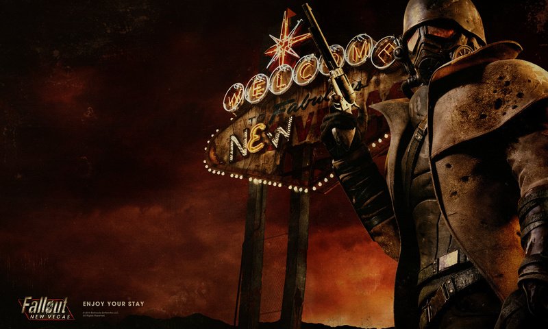 Обои огни, неон, солдат, револьвер, fallout, new vegas, вегас, lights, neon, soldiers, revolver, vegas разрешение 1920x1200 Загрузить