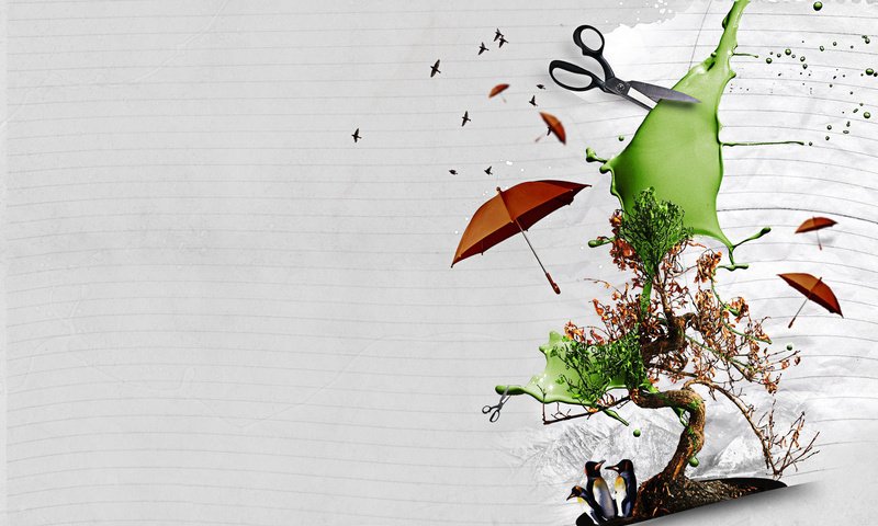 Обои дерево, зонт, фотошоп, коллаж, пингвины, ножницы, tree, umbrella, photoshop, collage, penguins, scissors разрешение 1920x1200 Загрузить